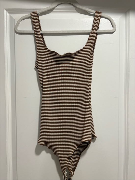 Reformation Tops - Reformation Brown and White Striped Ribbed Tank Bodysuit